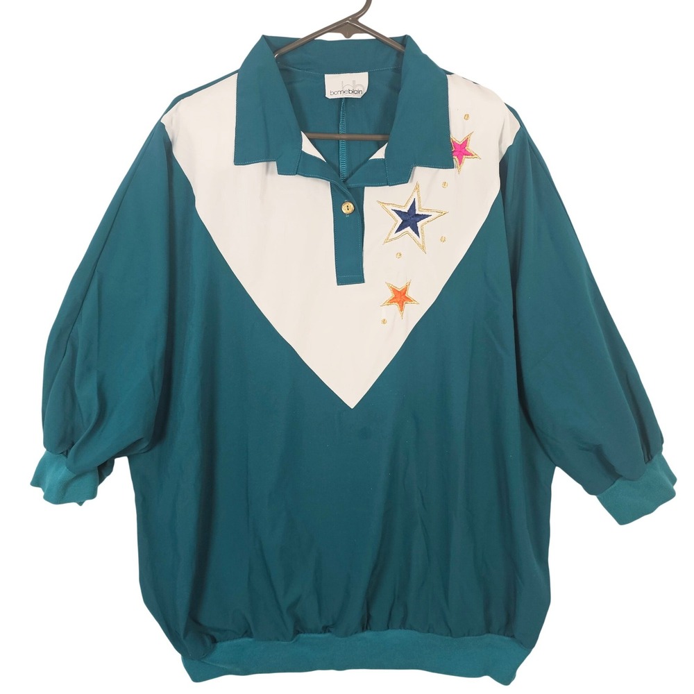 Vintage Bonnie‎ Blain Teal White Colorblock Star Embroidered Pullover Blouse 80s